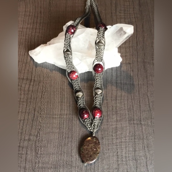 Handcrafted Dragons Blood Gemstone Beaded Macrame Necklace - Picture 4 of 12
